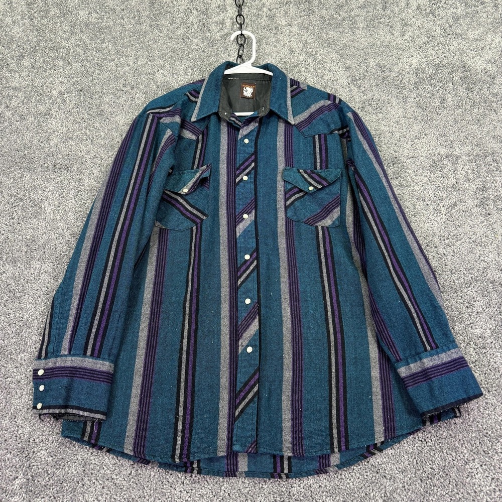 Vtg Karman Shirt Mens XL Blue Striped Long Sleeve Western Snap Southwestern